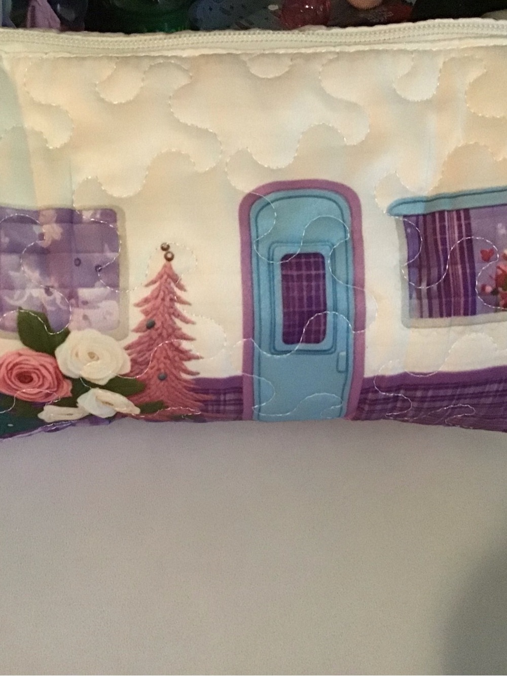 Quilted Camper makeup or pencil case with zipper. Pastel Floral & Door Print